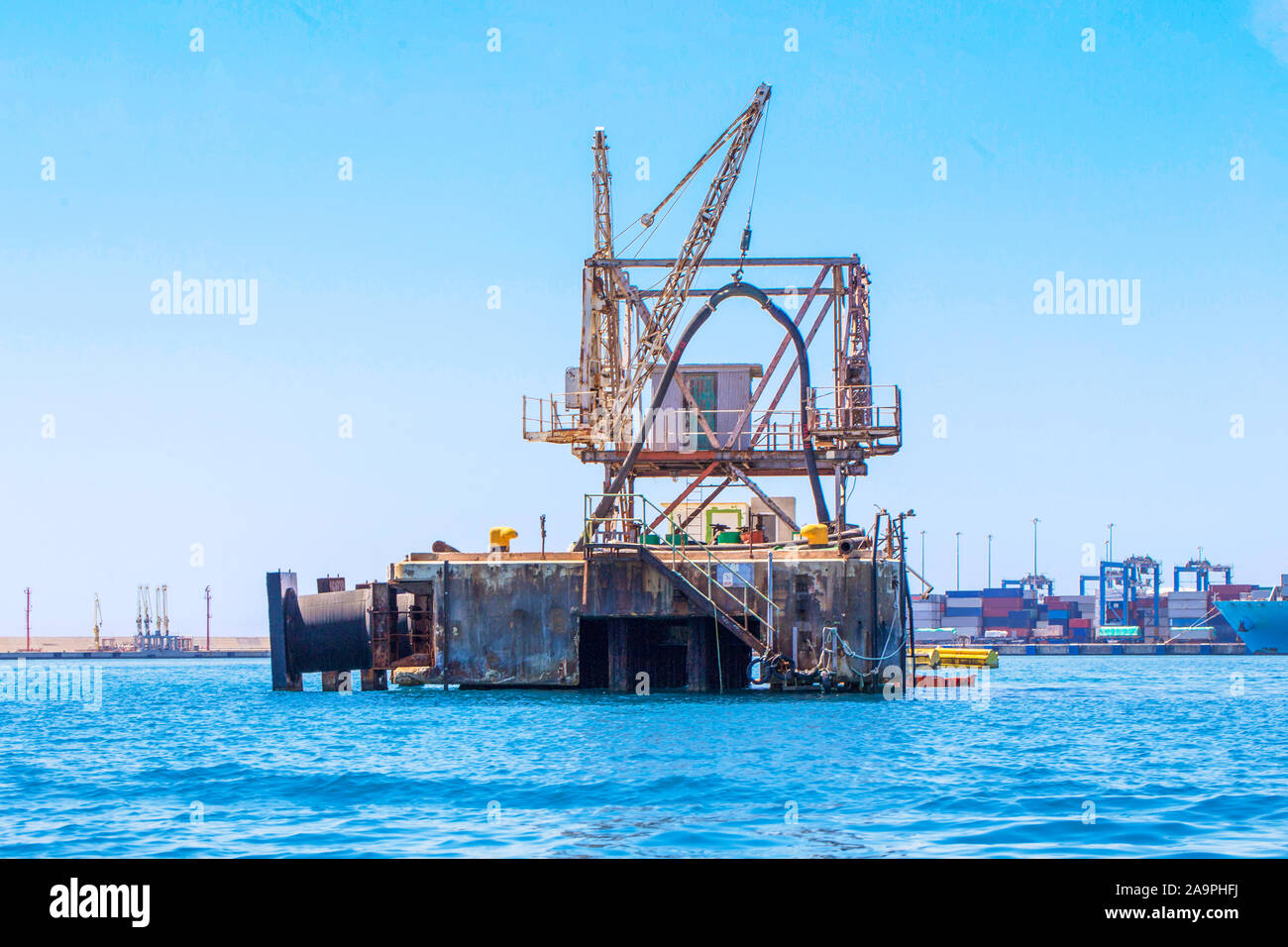 Small offshore rig platform near to Marsaxlokk at Malta Stock Photo