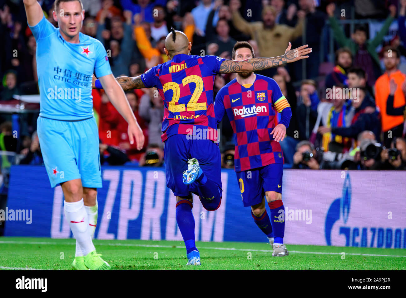 Barcelona Nov 5 Arturo Vidal L And Messi R Celebrate A Goal At The Champions League Match Between Fc Barcelona And Slavia Praha At The Camp Nou Stock Photo Alamy