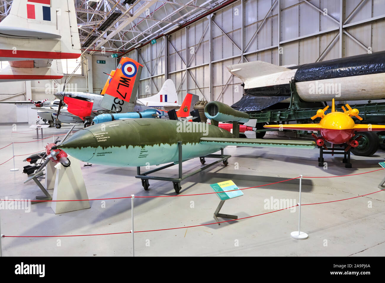 V1 flying bomb vengeance weapon also known as a doodlebug or buzz bomb (an early cruise missile propelled by a pulsejet engine) on display at the RAF Cosford air museum in Shropshire Stock Photo