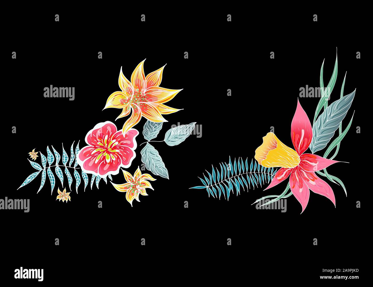 Set of two summer colorful tropical flowers. Floral botanical flower ...