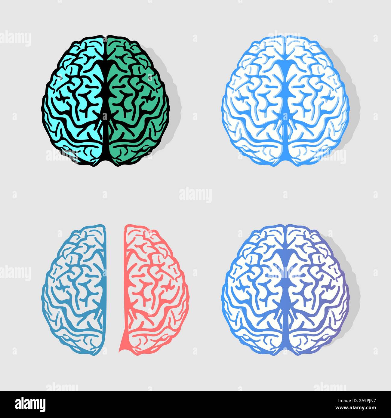 Set of colorful vector brains logos. Collection of anatomy elements. Group of intelligence signs. Bright hemispheres. Scientific logotypes. Medical Stock Vector