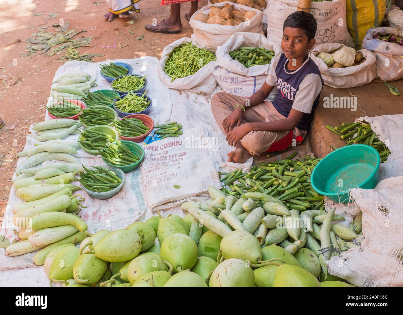 Young boy selling vegetables at the Sunday market in Tiruchirappalli, Tamil Nadu, India Stock Photo