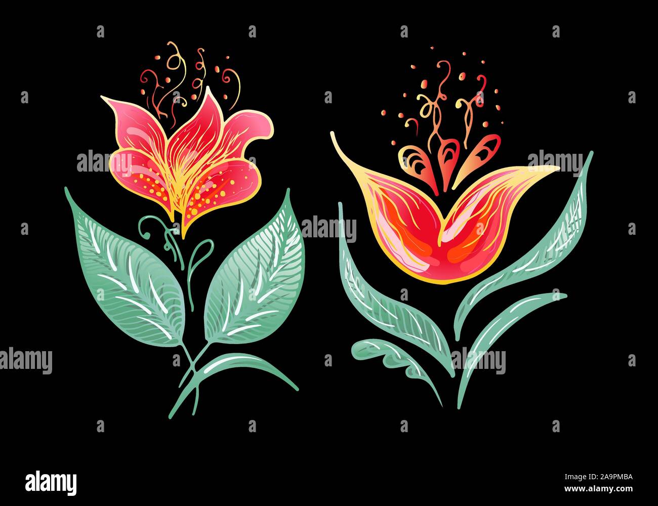 Set of two summer colorful tropical flowers. Floral botanical flower ...