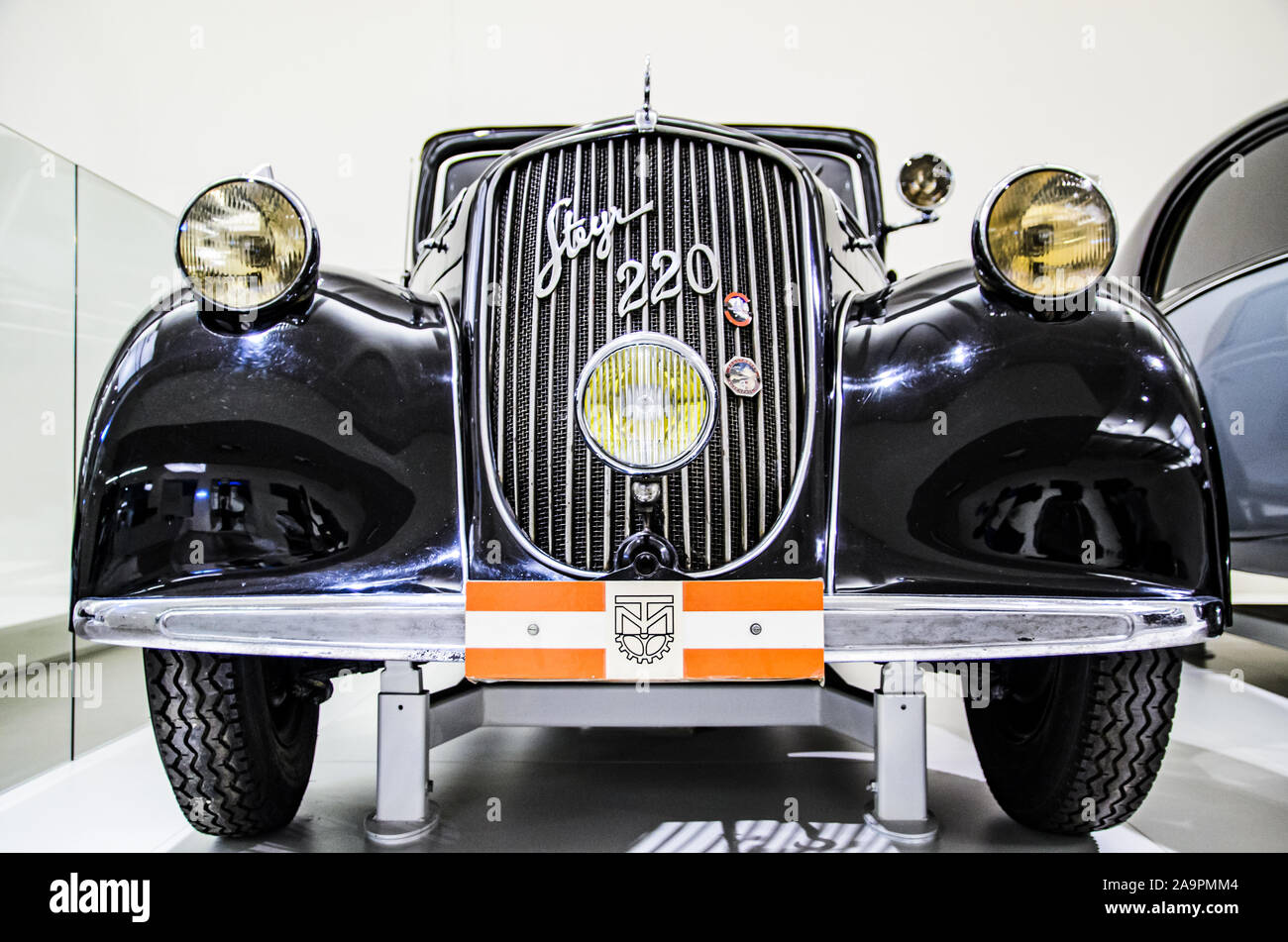 Vienna, Austria 10.01.2015 : Black Steyr 220 classic car from 1937. Photo of exibit in Museum of Technology. Place to visit. Stock Photo