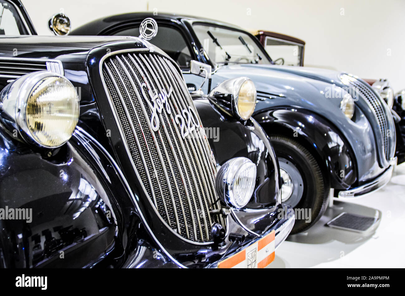 Vienna, Austria 10.01.2015 : Black Steyr 220 classic car from 1937. Photo of exibit in Museum of Technology. Place to visit. Stock Photo