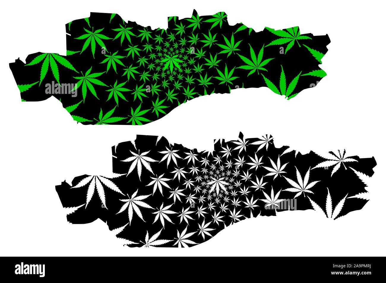 Dundee (United Kingdom, Scotland, Local government in Scotland) map is designed cannabis leaf green and black, City and council area Dundee map made o Stock Vector