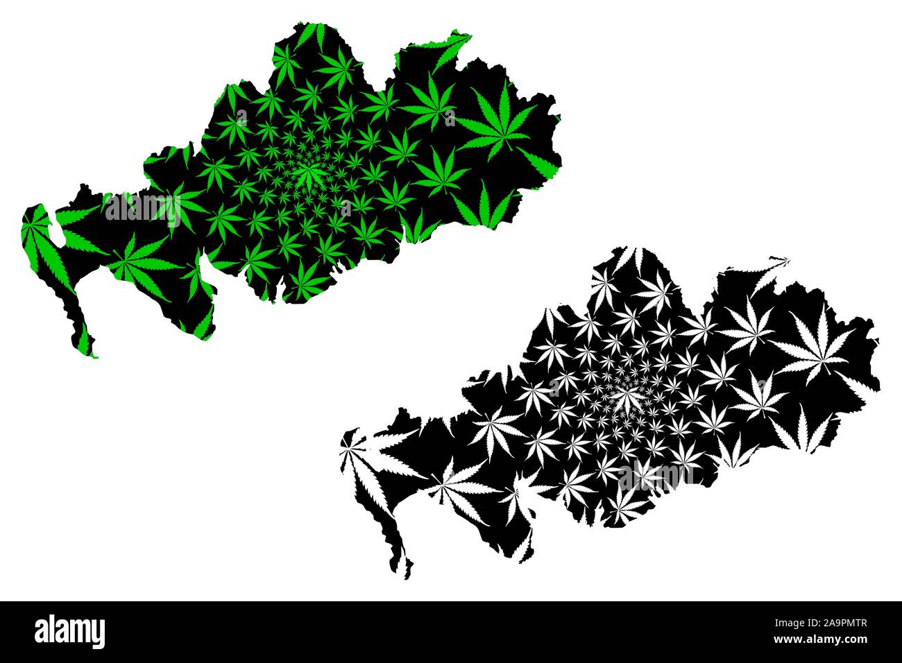 Dumfries and Galloway (United Kingdom, Scotland, Local government in Scotland) map is designed cannabis leaf green and black, Dumfries and Galloway ma Stock Vector
