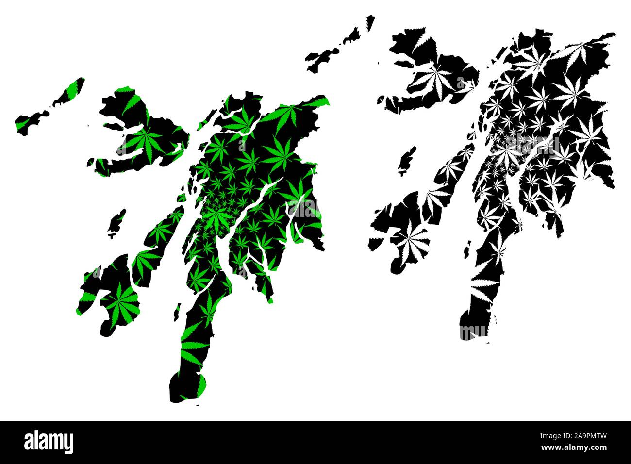 Argyll and Bute (United Kingdom, Scotland, Local government in Scotland) map is designed cannabis leaf green and black, Argyll and Bute map made of ma Stock Vector