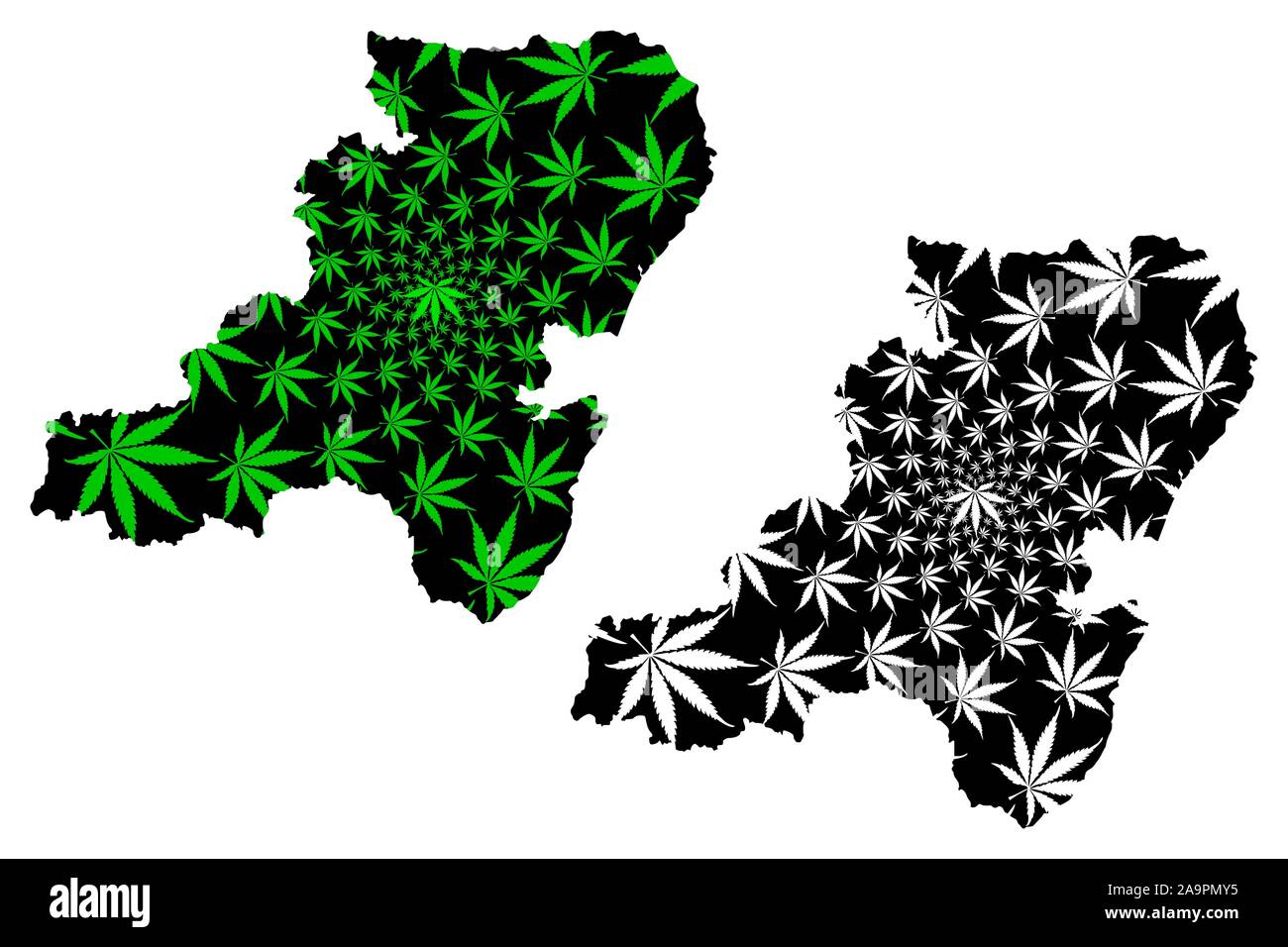 Aberdeenshire (United Kingdom, Scotland, Local government in Scotland) map is designed cannabis leaf green and black, Aberdeenshire map made of mariju Stock Vector