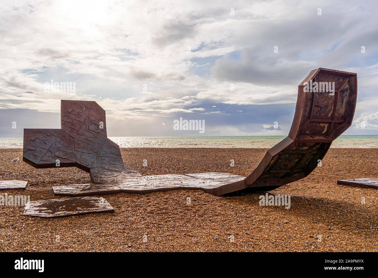 Brighton and Hove, East Sussex, UK - November 4, 2019: Passacaglia sculpture by Charles Hadcock on the beach in Brighton, UK. Passacaglia is a huge, c Stock Photo