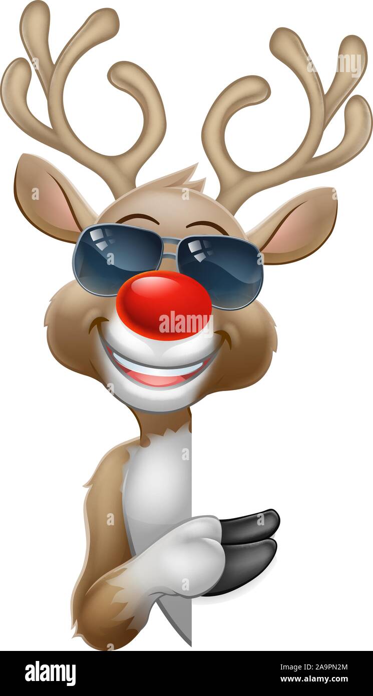 Christmas Reindeer Cartoon Deer in Sunglasses Sign Stock Vector