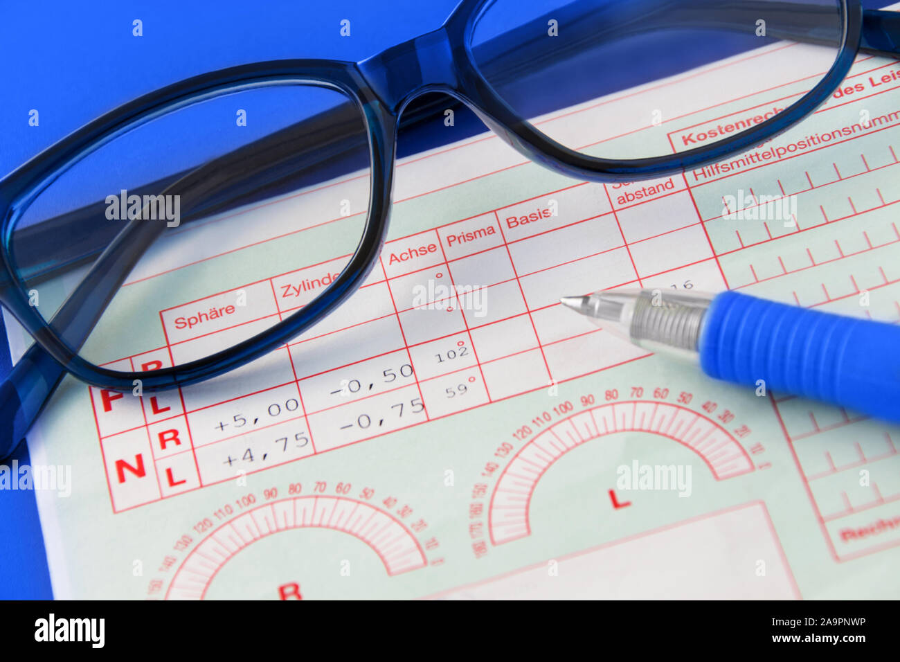 German prescription and glasses as close-up Stock Photo