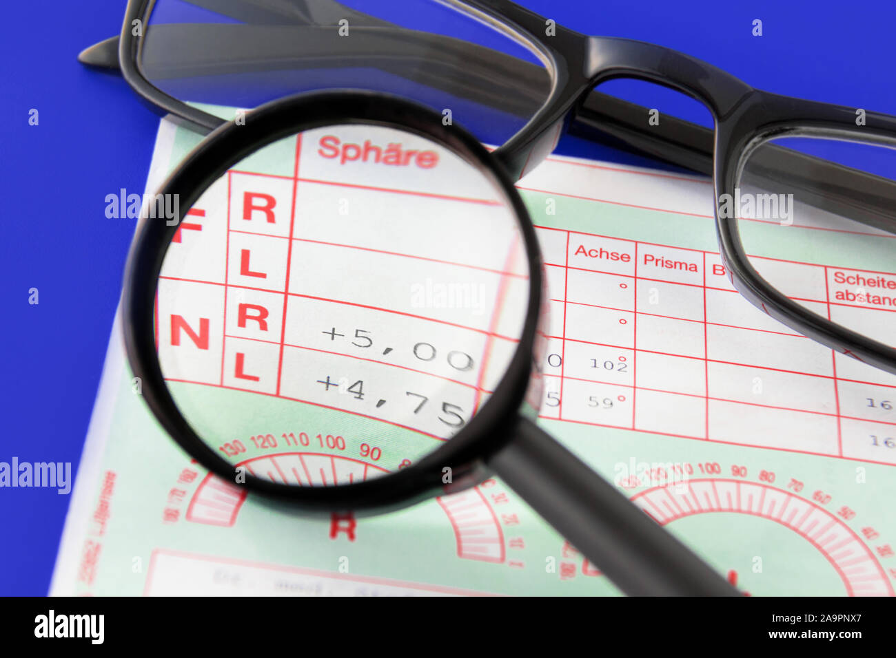 German prescription and glasses as close-up Stock Photo