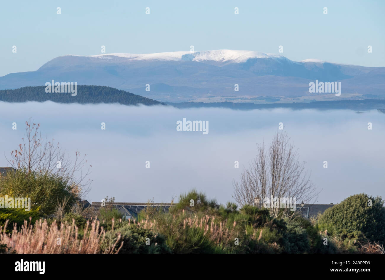 Snow covered Ben Wyvis, Easter Ross, viewed from Culloden, Inverness. Stock Photo