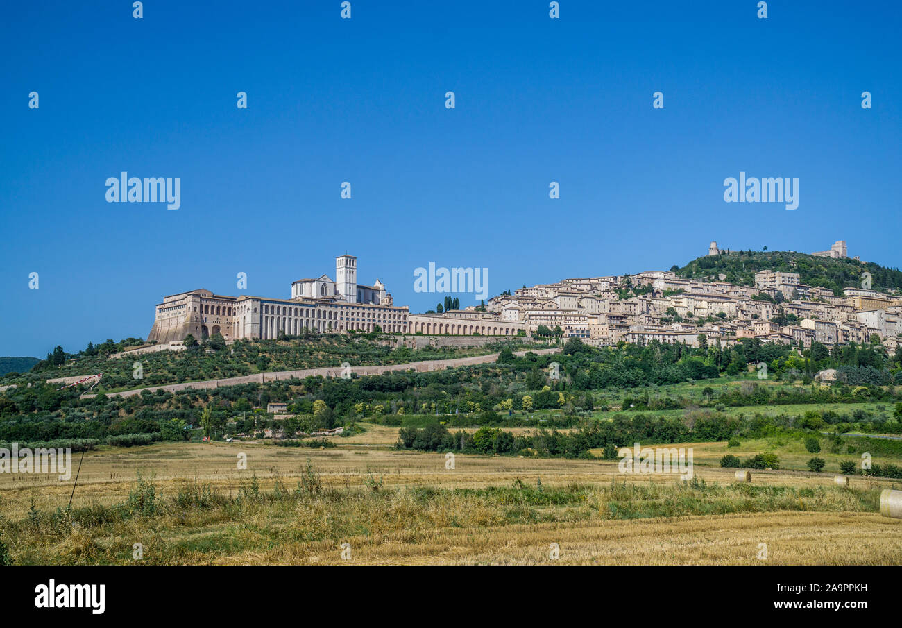 panoramic countryside view of Assisi, a hill town in central Italy’s Umbria region, birthplace of St. Francis Stock Photo