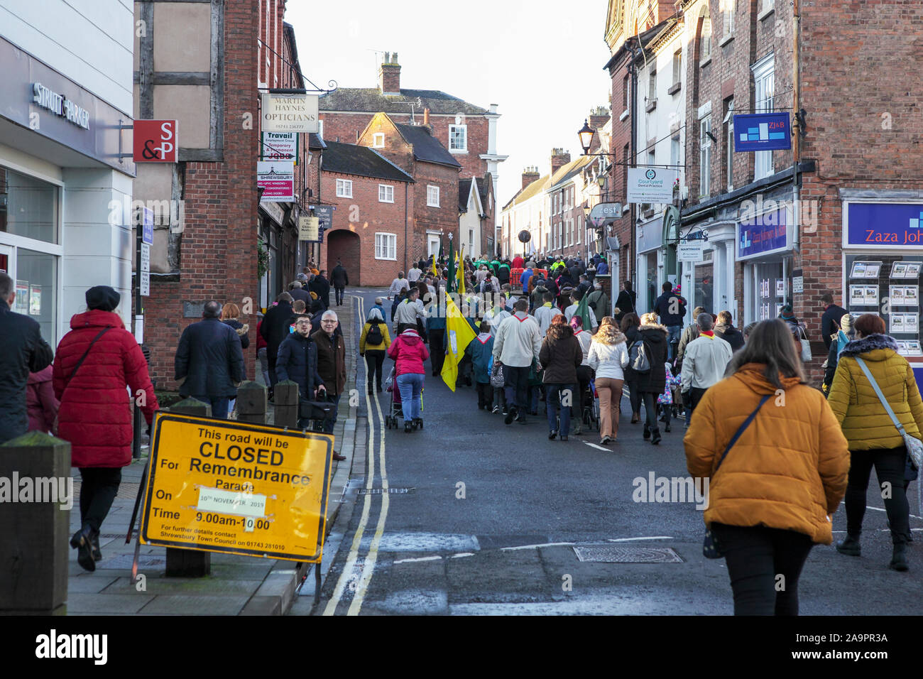 Remembrance Sunday commemorations and parade both in Shrewsbury Town centre, St Chad's Church and The War Memorial In The Quarry public park. Stock Photo