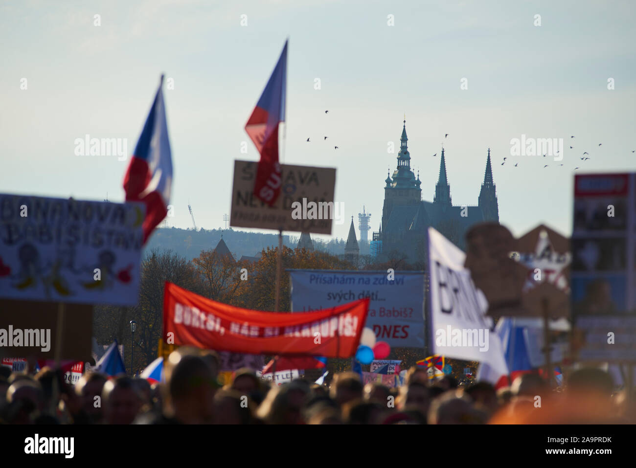 PRAGUE/ CZECH REPUBLIC - NOVEMBER 16, 2019 : Thousands of people were protesting on Letna plain against the prime minister Andrej Babis and government Stock Photo