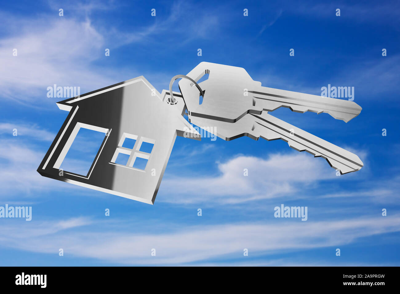3D key ring with house pendant on sky background Stock Photo