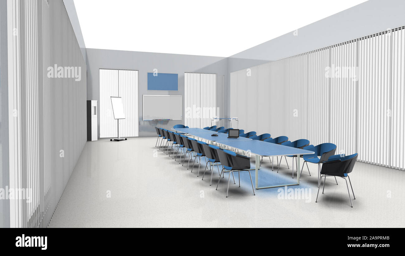 3D Illustration Modern bright large conference room with glass fronts and glass tables Stock Photo