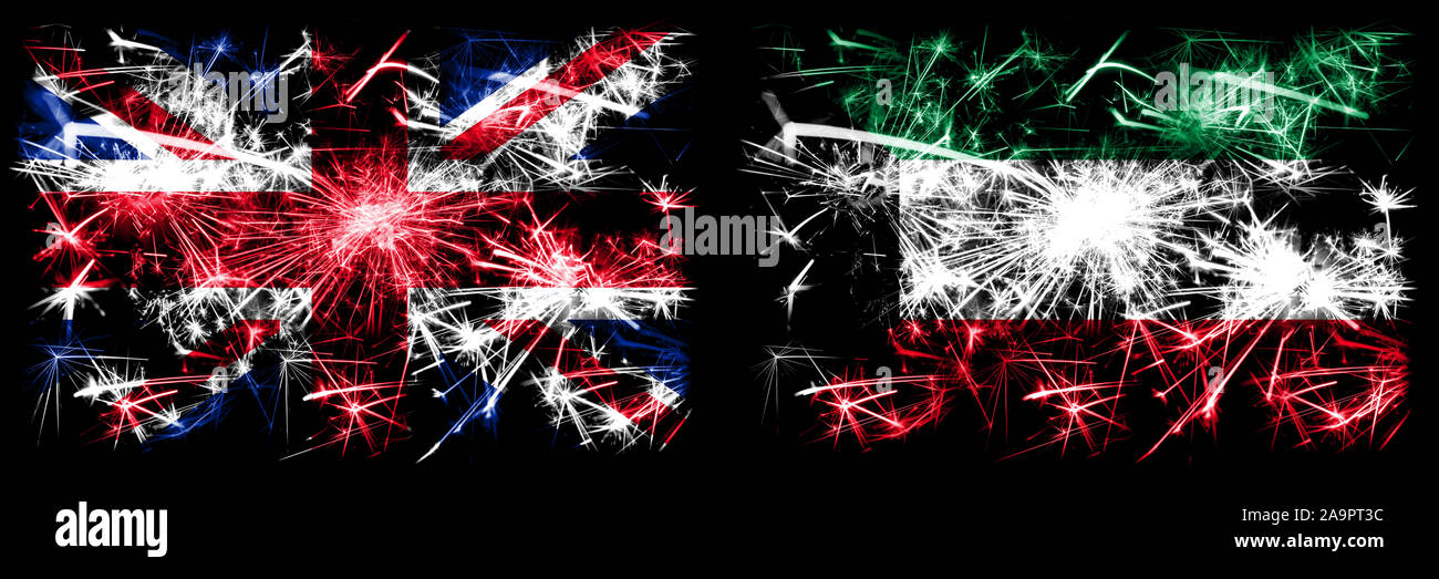 Great Britain, United Kingdom vs Kuwait, Kuwaiti New Year celebration travel sparkling fireworks flags concept background. Combination of two abstract Stock Photo