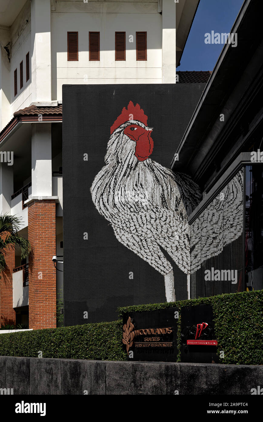 Chicken wall art advertising La Ferme (The Farm) French restaurant at Pattaya Thailand Southeast Asia Stock Photo