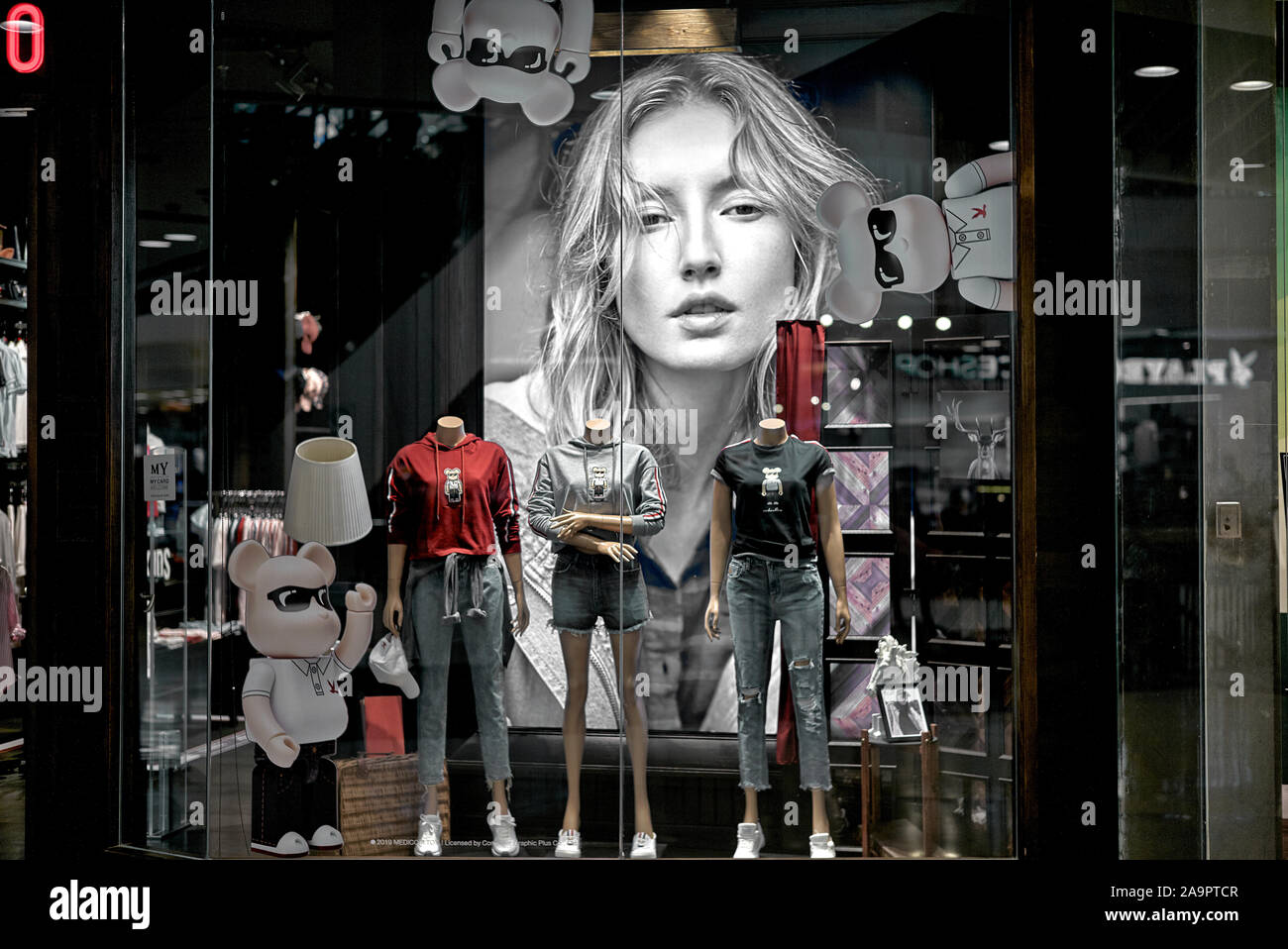 Window display fashion. Teen clothes shop Stock Photo
