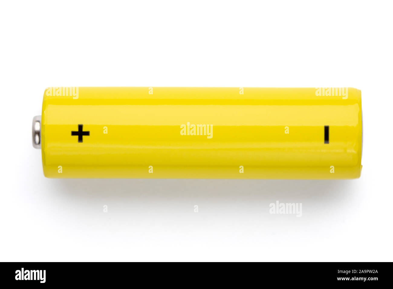 Top view of yellow AA alkaline battery (Mignon) or NiMH rechargeable cell on white background Stock Photo
