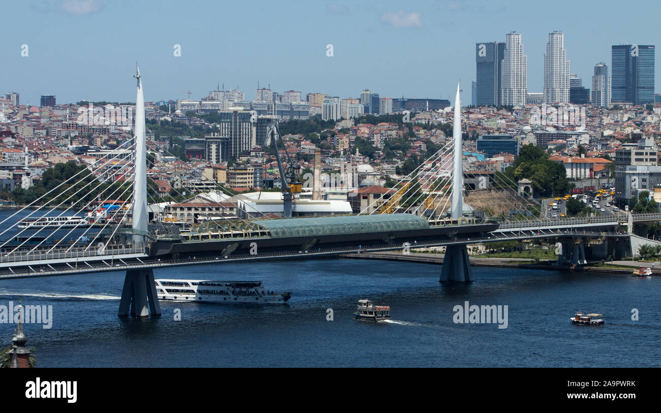 Golden Horn, Istanbul, Turkey July 18th, 2019: The latest bridge at the Golden Horn is a suspension bridge built for the subway. Stock Photo