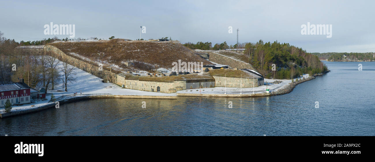Panorama of the coastal fortifications of the ancient Oscar-Fredricksbor fort on a march morning. Stockholm archipelago, Sweden Stock Photo