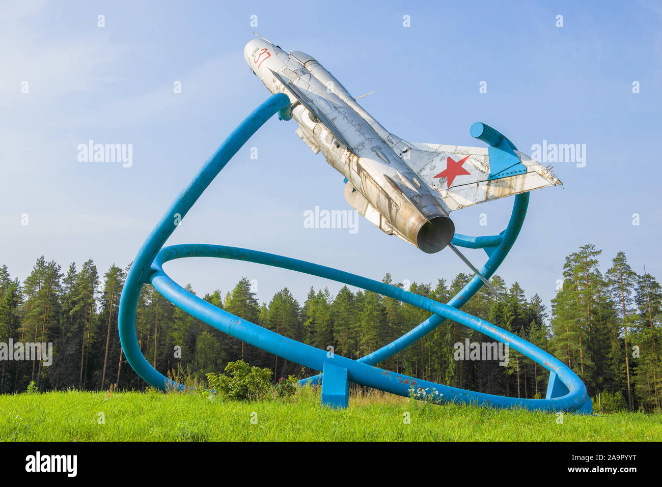 TIKHVIN, RUSSIA - SEPTEMBER 11, 2019: MiG-21 airplane - a monument in honor of the Great Patriotic War pilots on the A-114 highway Stock Photo