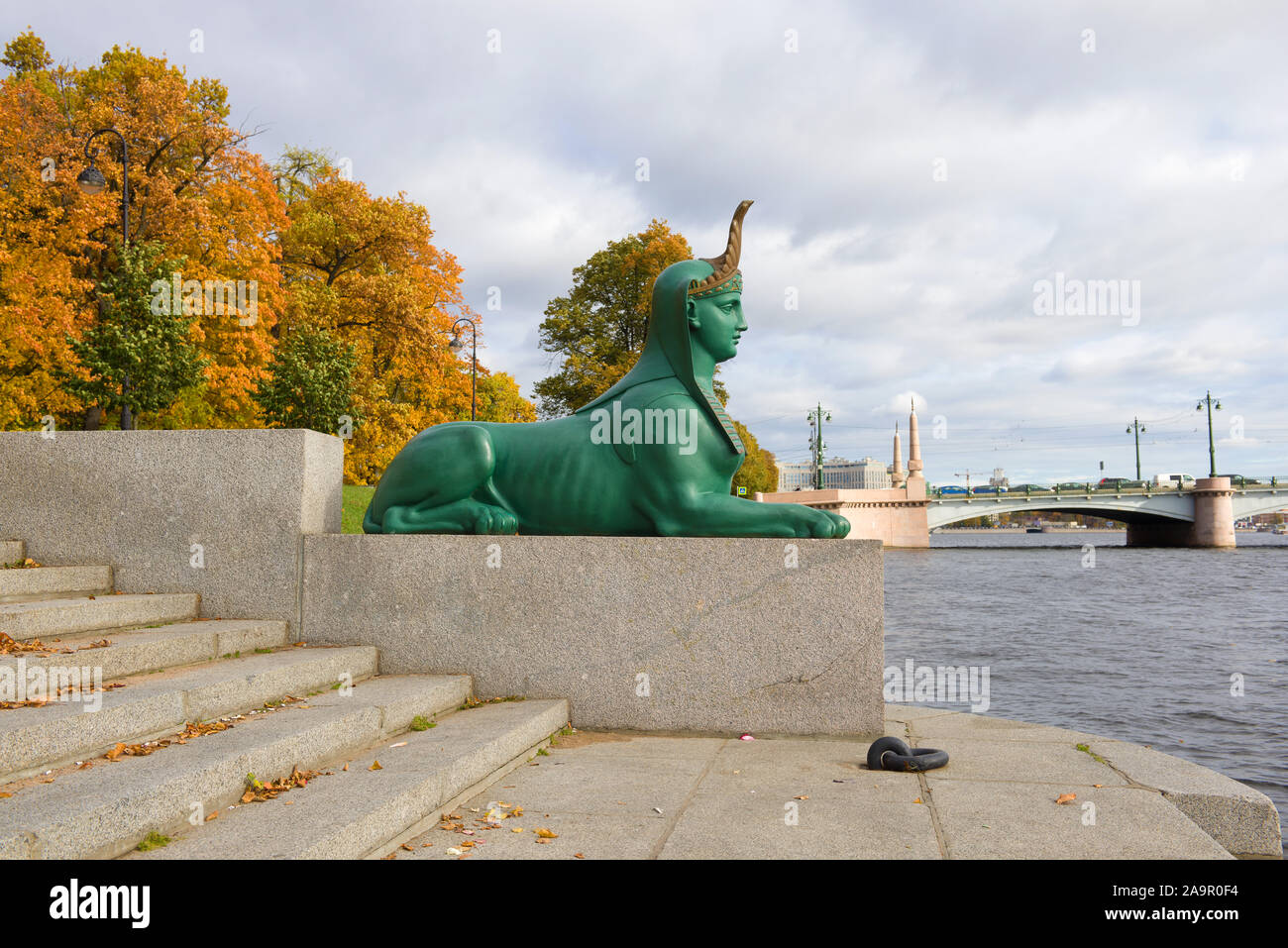 Sculpture of the Sphinx close-up on the pier cloudy October day. Stone island, St. Petersburg Stock Photo