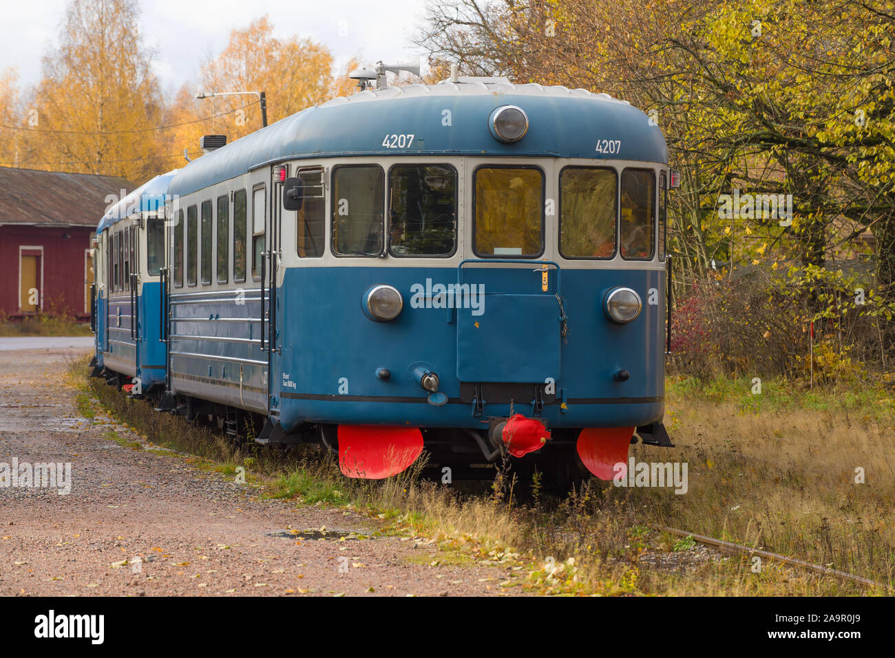 PORVOO, FINLAND - OCTOBER 19, 2019: Passenger retro train close-up on a cloudy October day Stock Photo