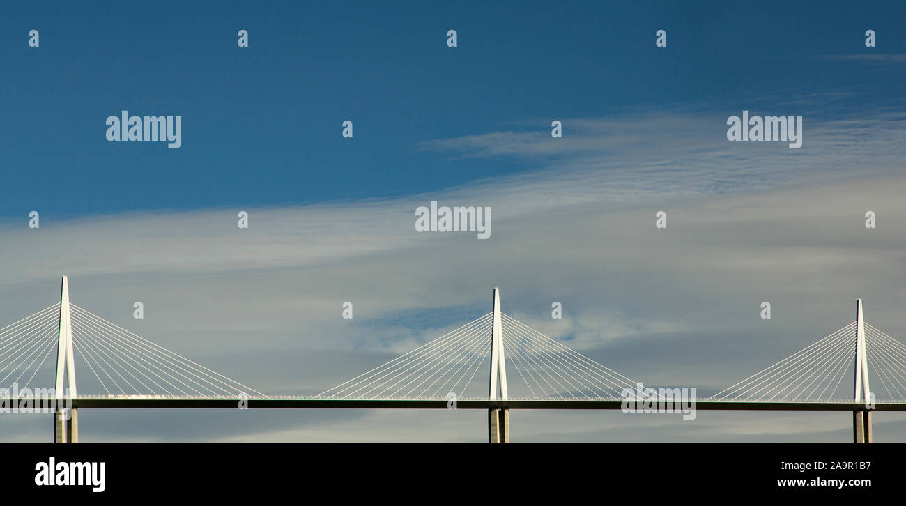 Three pylons of the Millau Viaduct, photographed from below, France Stock Photo