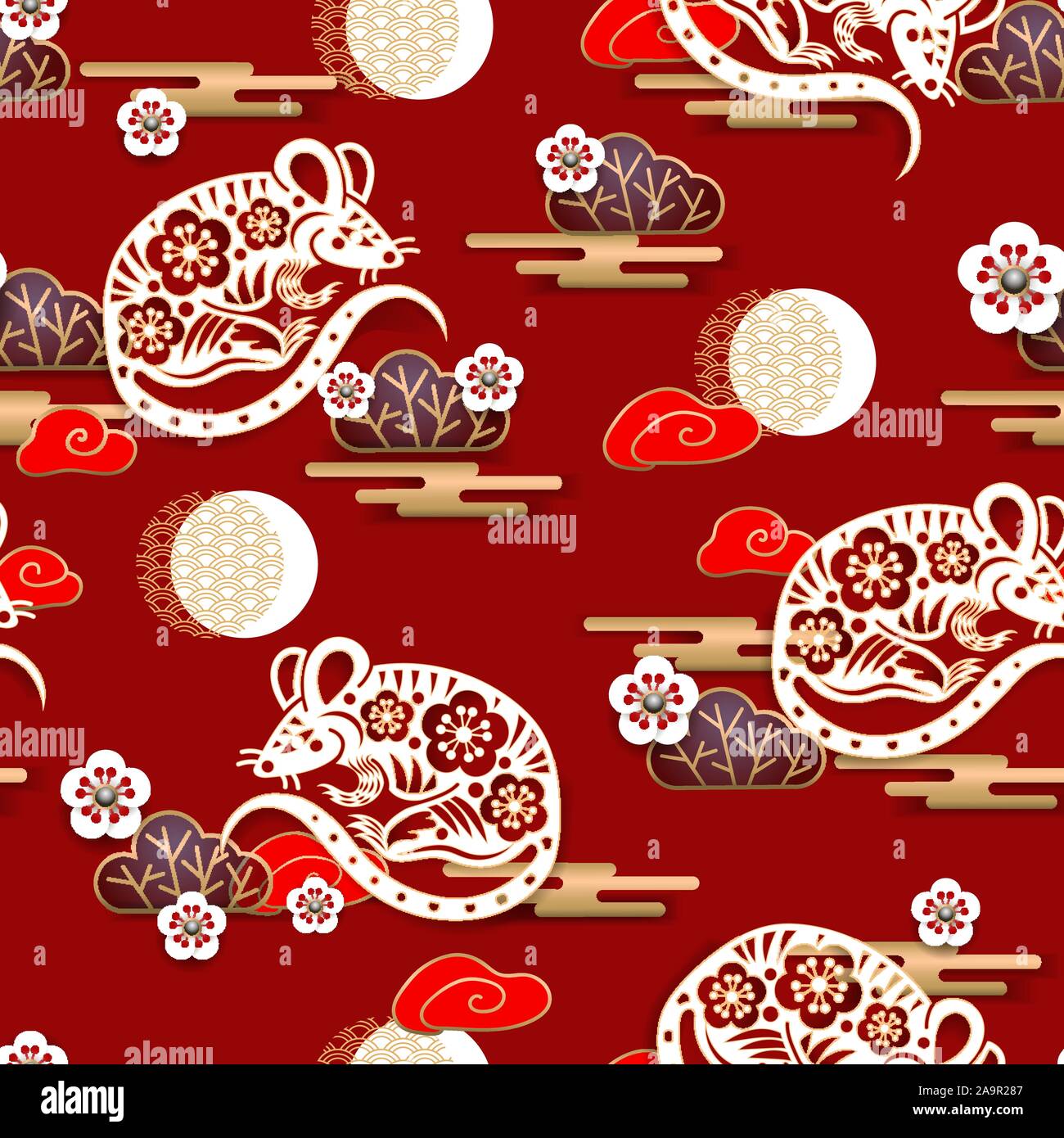 Seamless pattern with mouses and sakura. Stock Vector