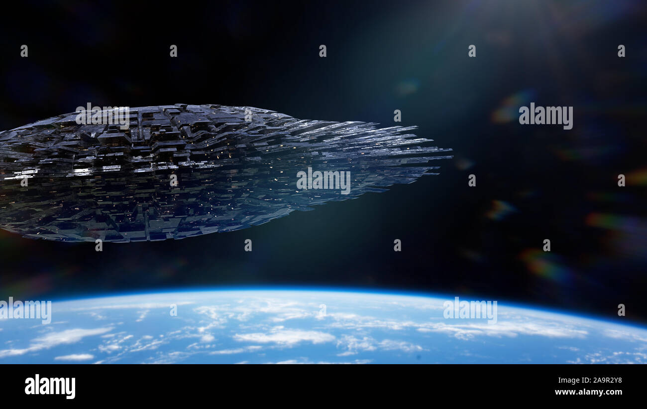 UFO, alien spaceship in orbit of planet Earth Stock Photo