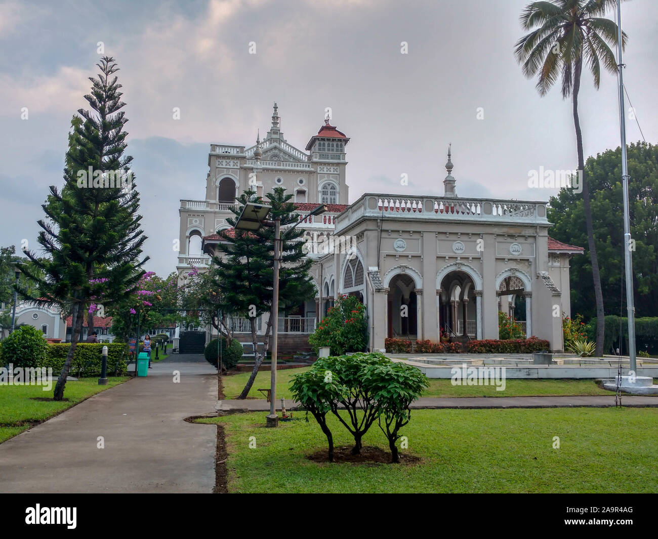 PUNE, INDIA - SEPTEMBER 16, 2016:  The Aga Khan Palace, Pune. The palace is closely linked to the Indian freedom movement as it served as a prison for Stock Photo