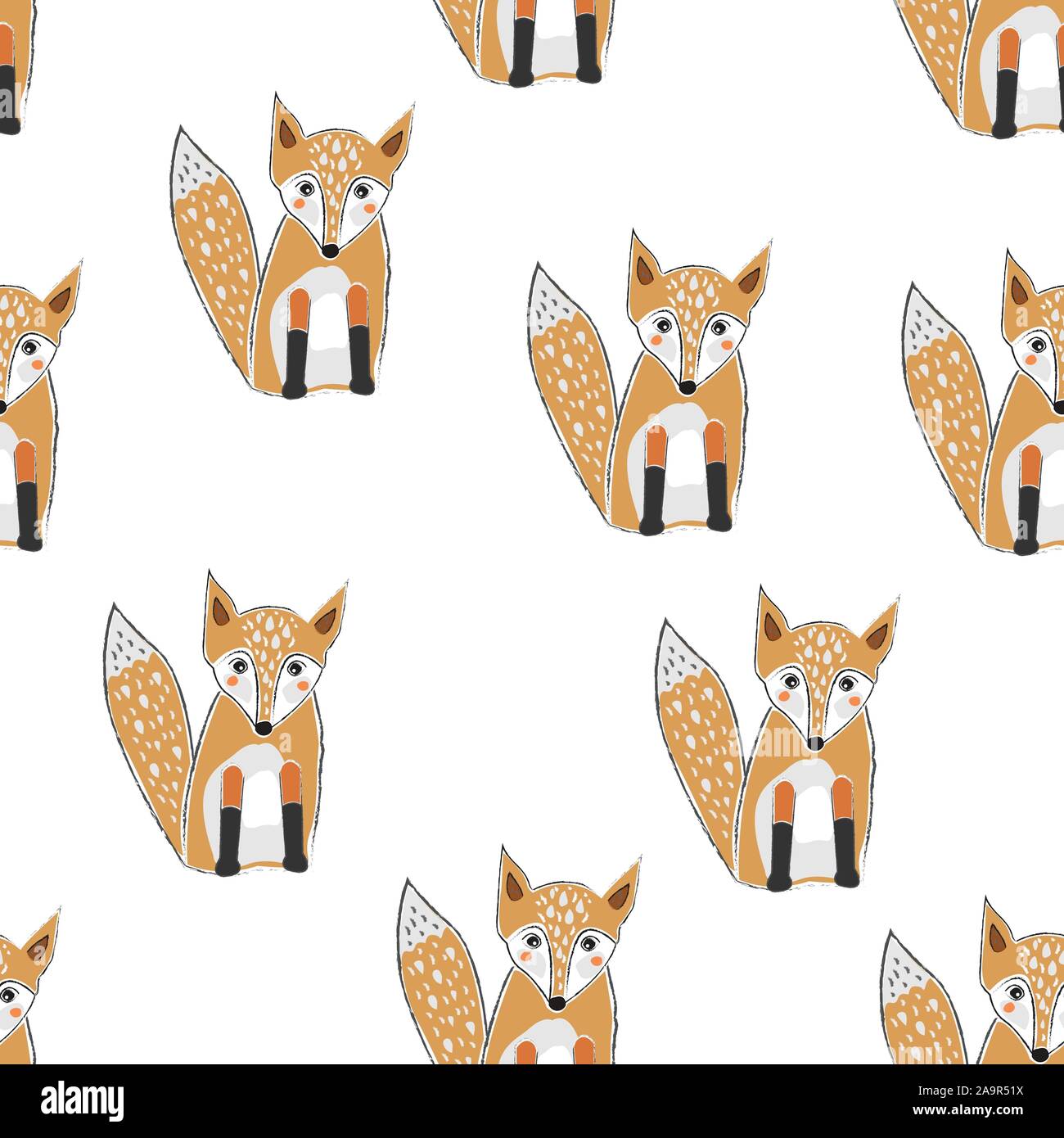 Seamless Pattern with cute hand drawn Fox. Scandinavian Style. Vector ...