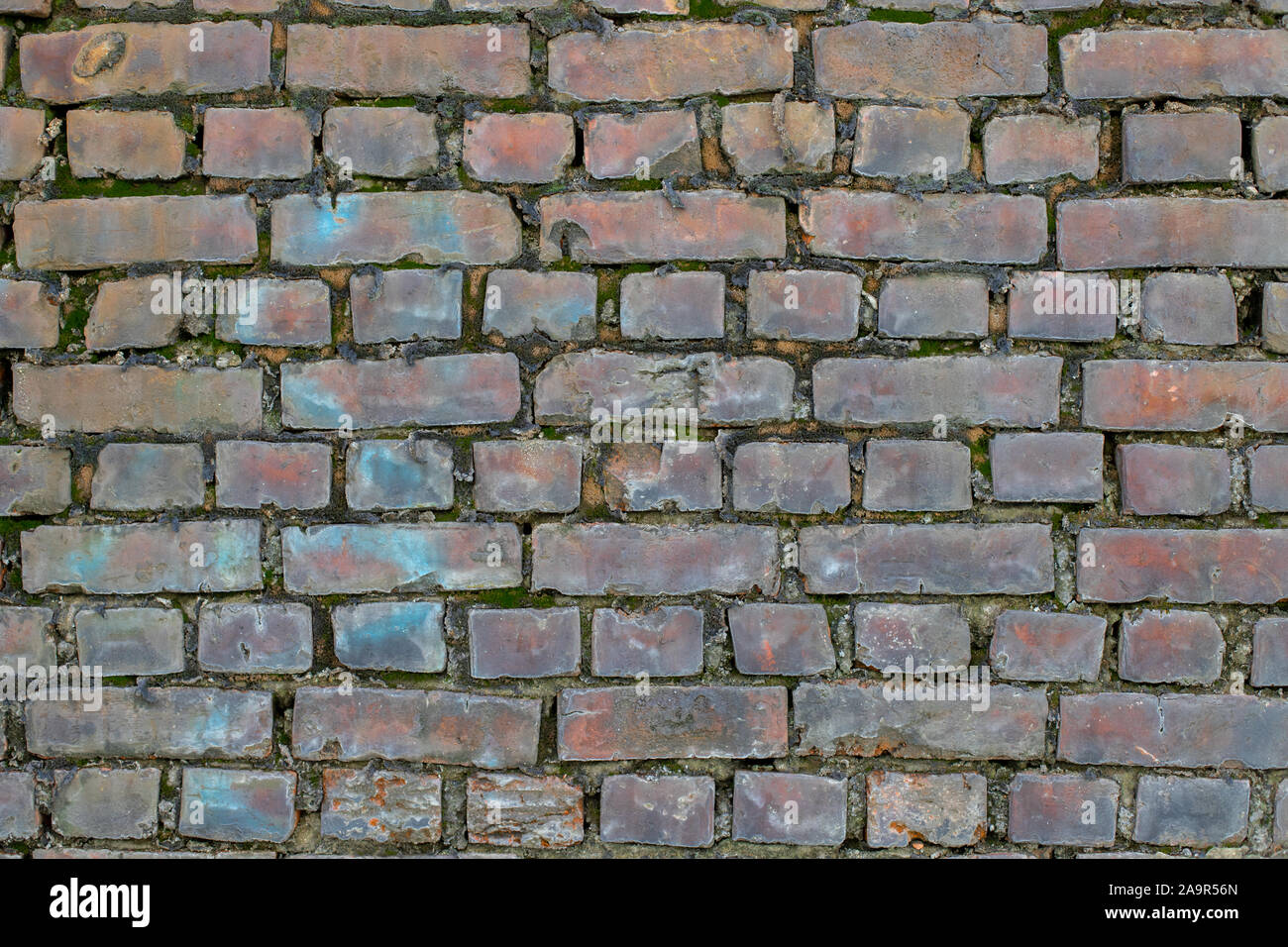 Old brickwork. Classic wall texture. Brick wall with moss between the bricks. Rough brick texture Stock Photo