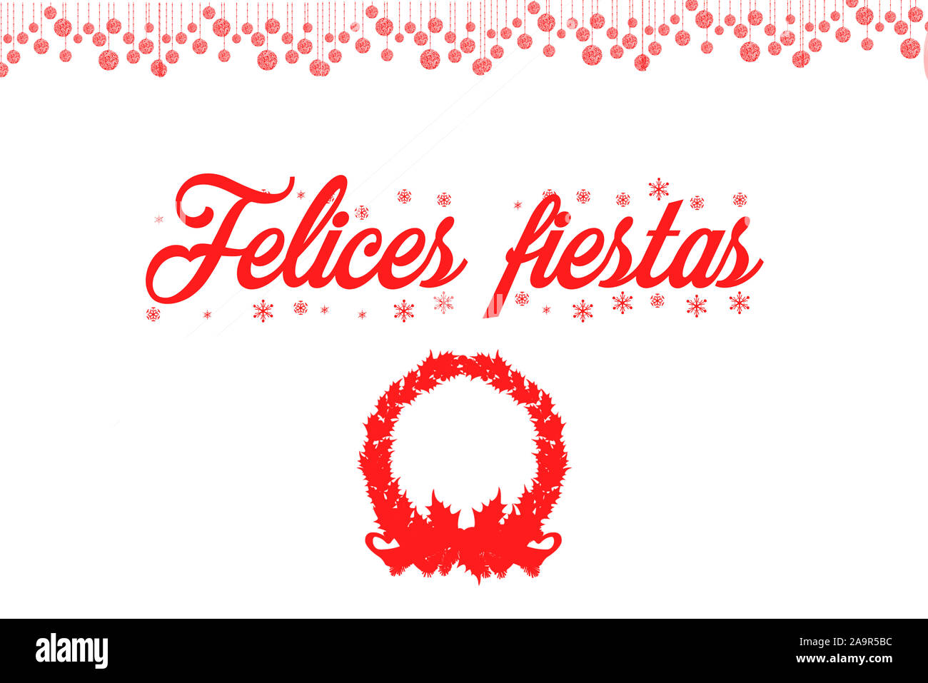 Happy Holidays in red letters on white background, decorated with a garland and Christmas balls Stock Photo