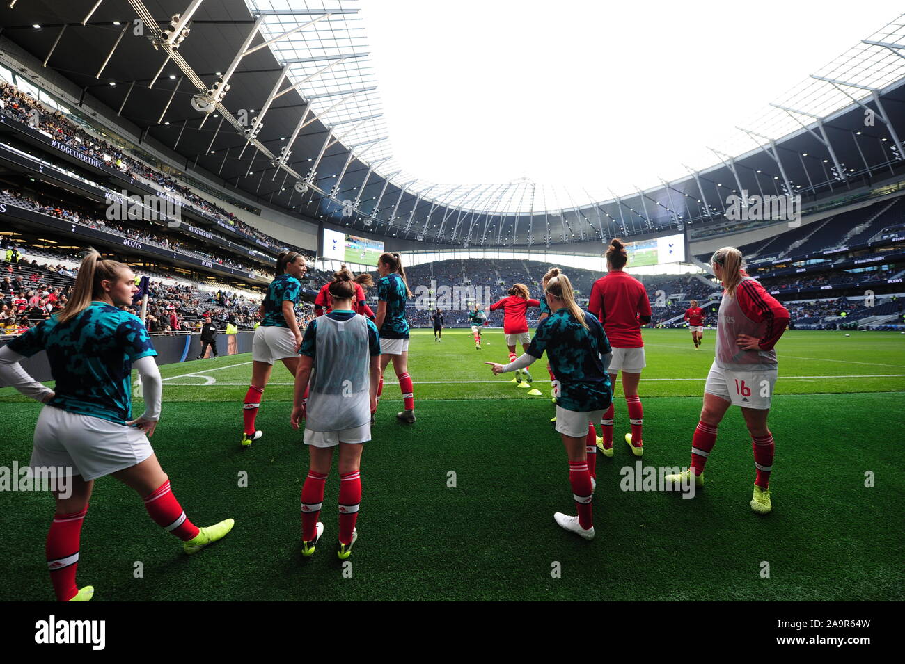 Arsenal warm up before the FA Women's Super League match at the Tottenham Hotspur Stadium, London. Stock Photo