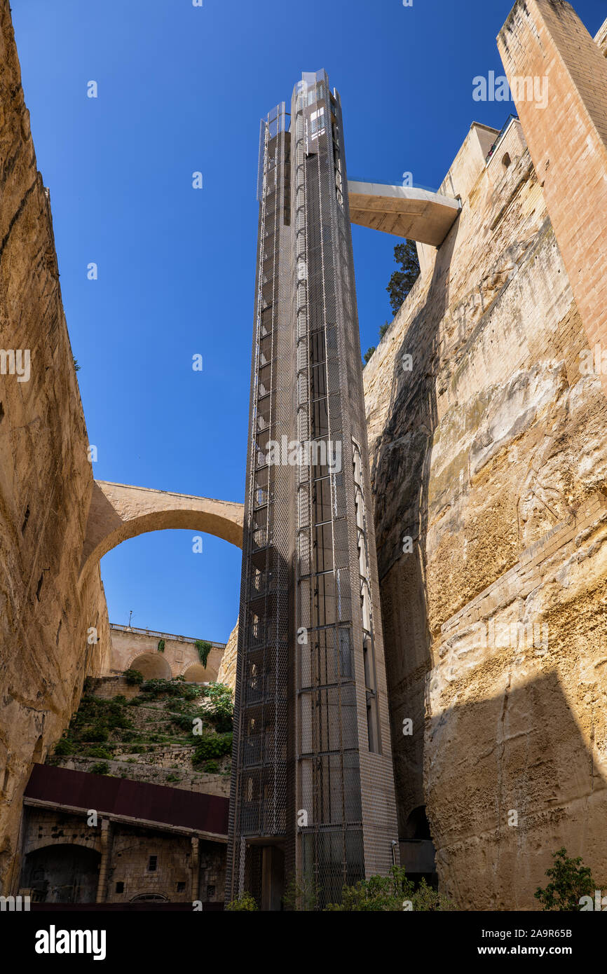 The Barrakka Lift in Valletta, Malta, public transport from the Grand Harbour to the city, 58m high concrete structure covered with aluminium mesh Stock Photo