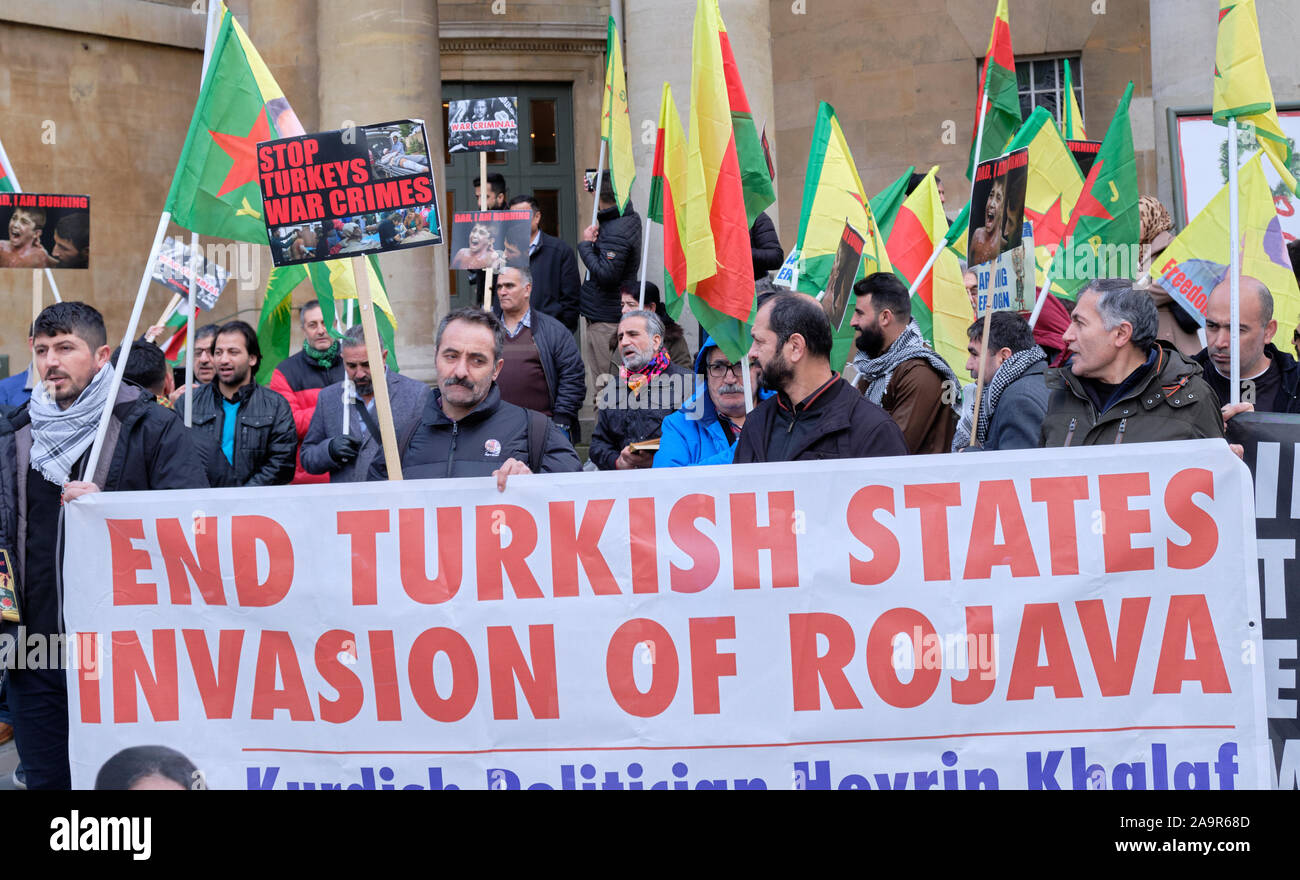 London, UK. 17th Nov, 2019. UK based Kurds leading a rally in street of ...