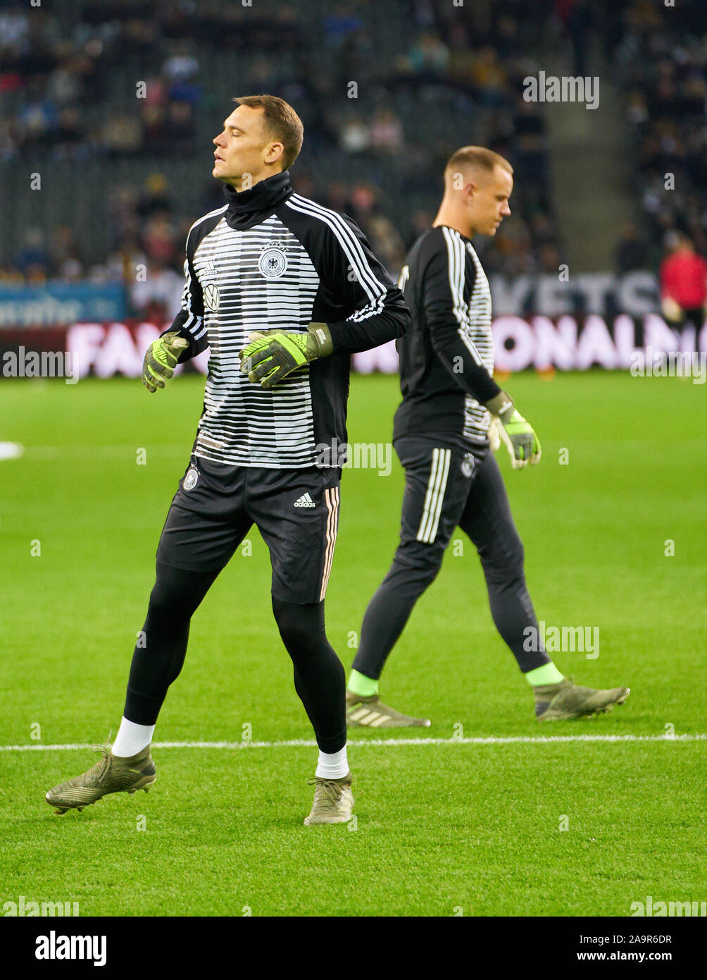 Mönchengladbach, Germany. 16th Nov 2019. EURO QUALI 2020, Germany-Belarus, Mönchengladbach Nov 16, 2019. Manuel NEUER, DFB 1 goalkeeper, Marc-Andre TER STEGEN, goal keeper DFB 22  GERMANY - BELARUS 4-0 Important: DFB regulations prohibit any use of photographs as image sequences and/or quasi-video.  Qualification for European Championships, EM Quali,  2020 Season 2019/2020,  November 16, 2019  in Mönchengladbach, Germany. © Peter Schatz / Alamy Live News Stock Photo