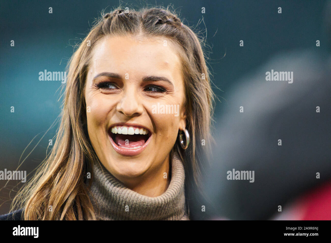 Mönchengladbach, Germany. 16th Nov 2019. EURO QUALI 2020, Germany-Belarus, Mönchengladbach Nov 16, 2019. Laura WONTORRA, sports presenter, reporter, woman, moderator, TV, television, RTL GERMANY - BELARUS 4-0 Important: DFB regulations prohibit any use of photographs as image sequences and/or quasi-video. Qualification for European Championships, EM Quali, 2020 Season 2019/2020, November 16, 2019 in Mönchengladbach, Germany. Credit: Peter Schatz/Alamy Live News Stock Photo