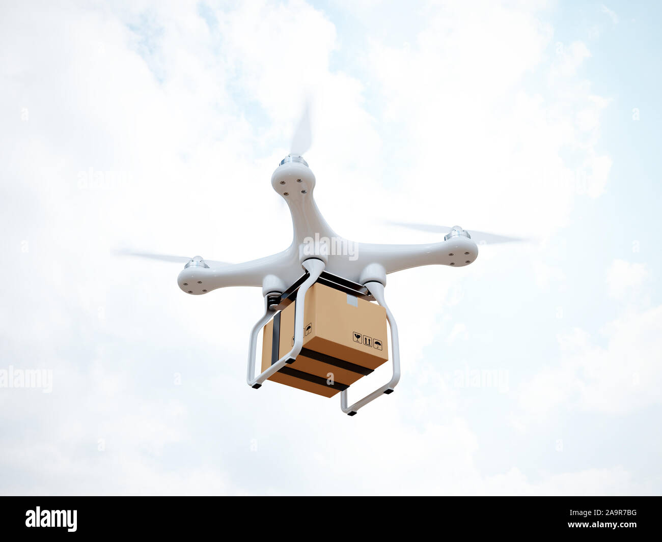 Drone quadcopter carrying mail box cargo for fast air delivery. 3d