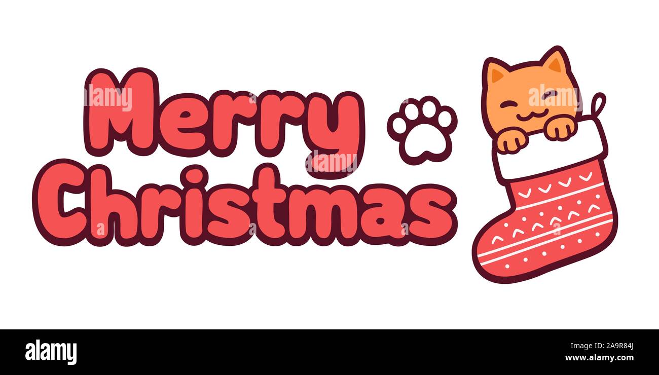Cute cartoon cat in Christmas stocking and text Merry Christmas. Kawaii greeting card with kitty in sock and paw print. Vector clip art illustration. Stock Vector