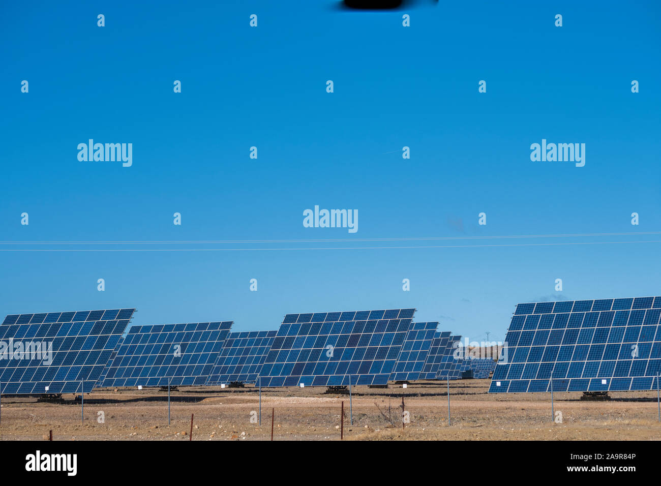 solar panels with tracker field for generating sustainable energy extremadura, spain Stock Photo