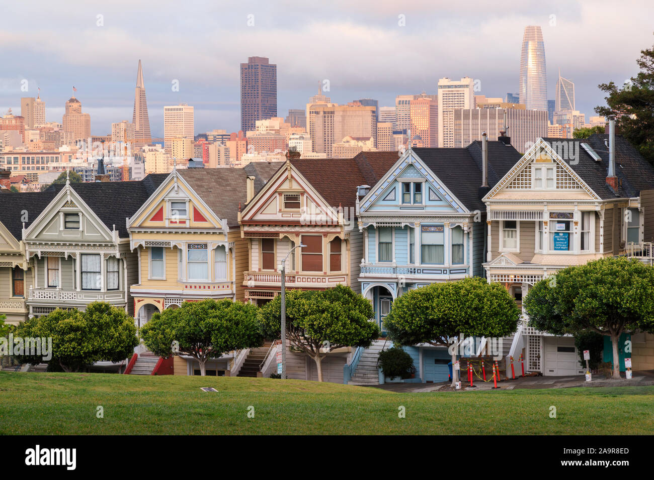 View of the Painted Ladies victorian row houses with the San Francisco