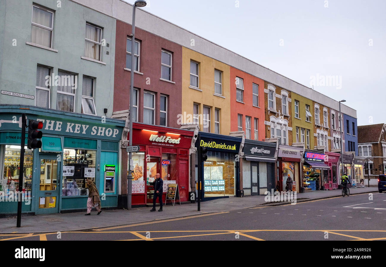 Shops in Leyton High Road London  - Leyton  is a district of east London and part of the London Borough of Waltham Forest, Stock Photo