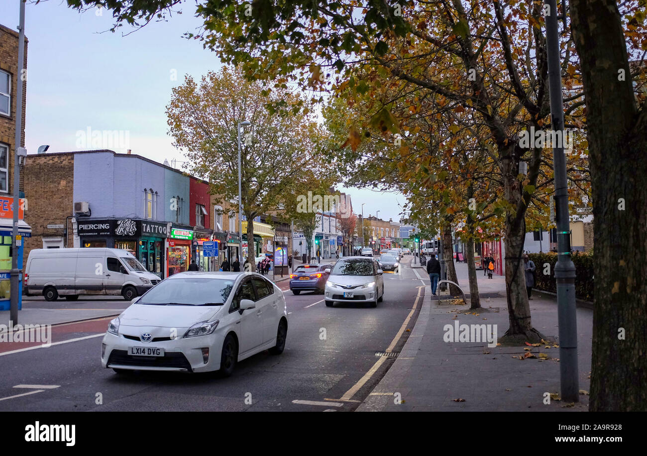 Traffic in Leyton High Road Nov 2019 - Leyton  is a district of east London and part of the London Borough of Waltham Forest, Stock Photo